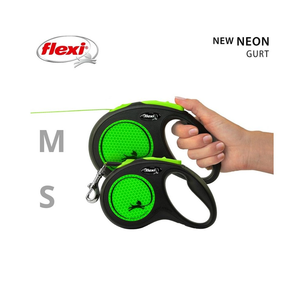 Flexi New Neon M automatinis pavadys, 5 m, juostelė, žalias