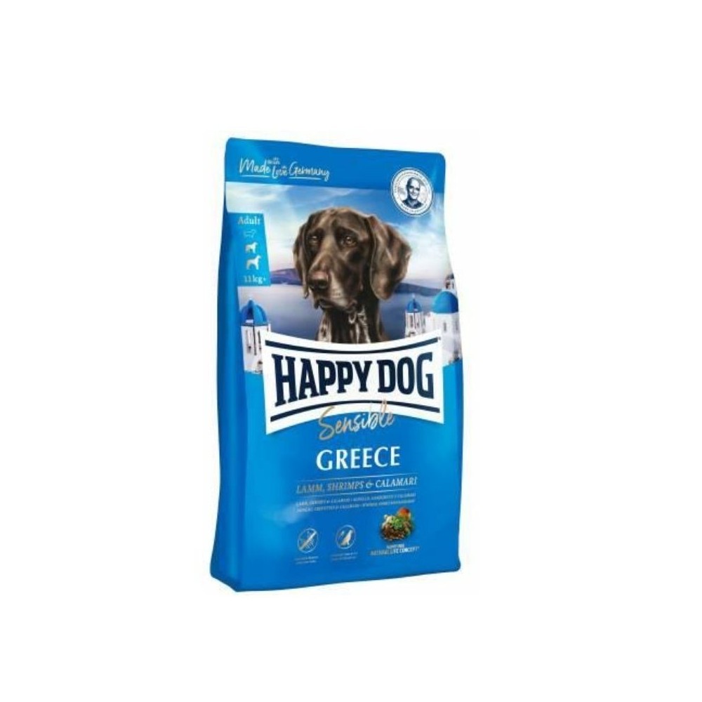 Happy Dog Greece visavertis pašaras suaugusiems šunims su ėriena, krevetėmis ir kalmarais, 11 kg