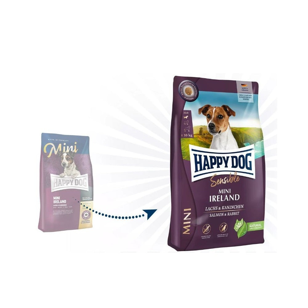 Happy Dog Mini Ireland visavertis pašaras mažų veislių suaugusiems šunims su triušiena ir lašiša, 4 kg