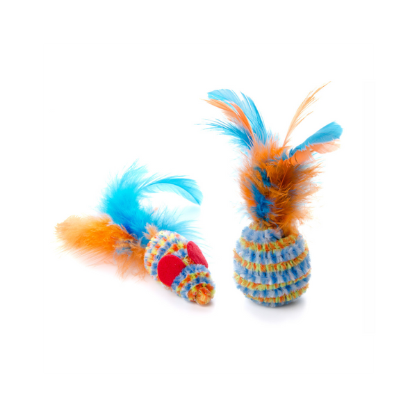 Žaislas katėms pliušinė pelytė ir kamuoliukas su plunksnomis, 10-12 cm (2 vnt.)